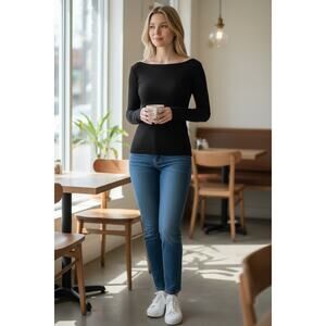 OGL Top Size S NEW Classic Black Modern Side Ruched Boatneck Brami Top Stretch